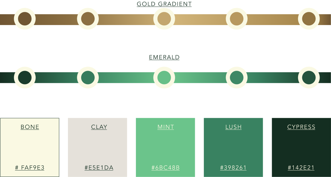 Tina Schaaf palette: a gold gradient, an emerald gradient, and bone, clay, mint, lush and cypress swatches