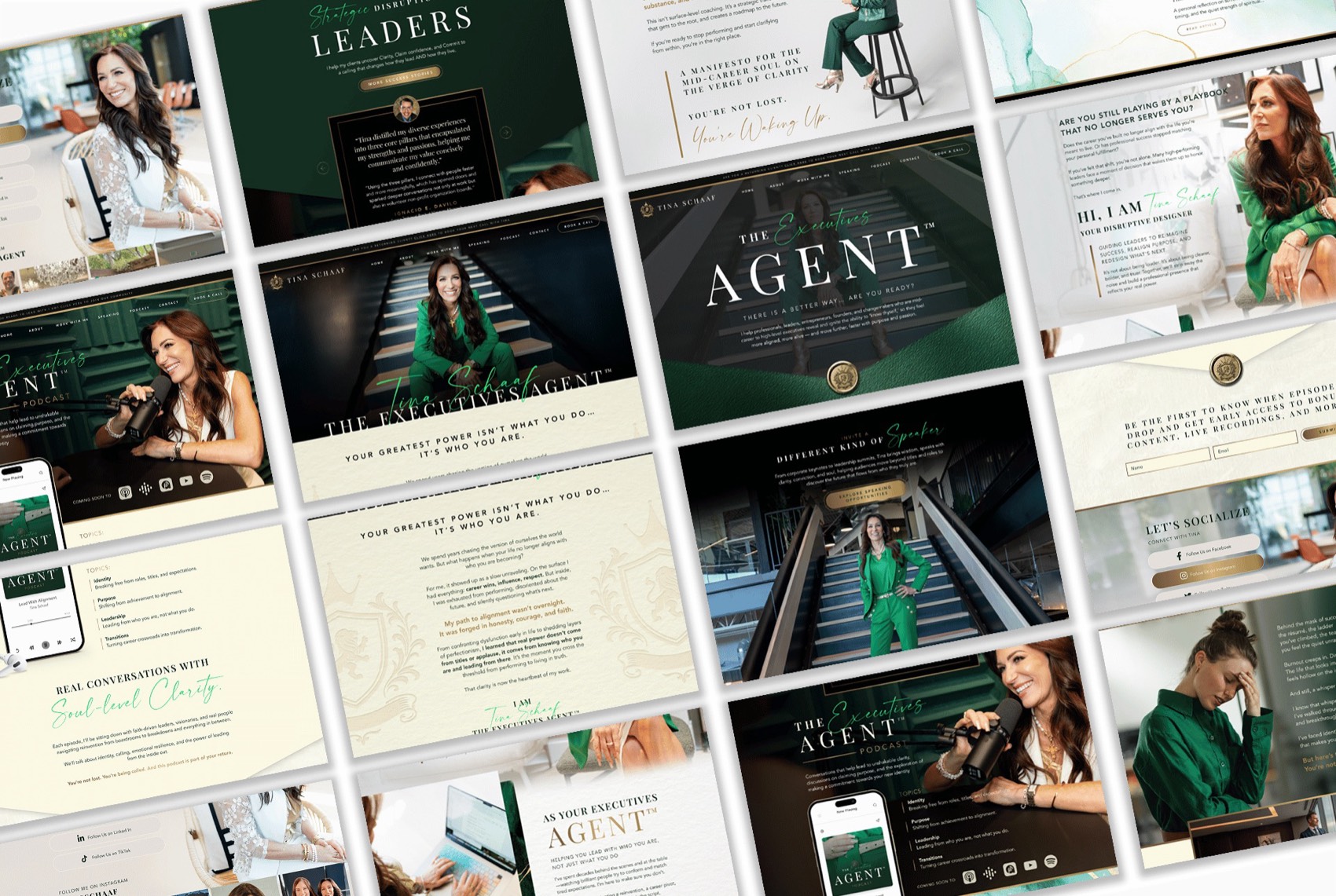 Collage of The Executives Agent website pages for coaching, speaking and the podcast