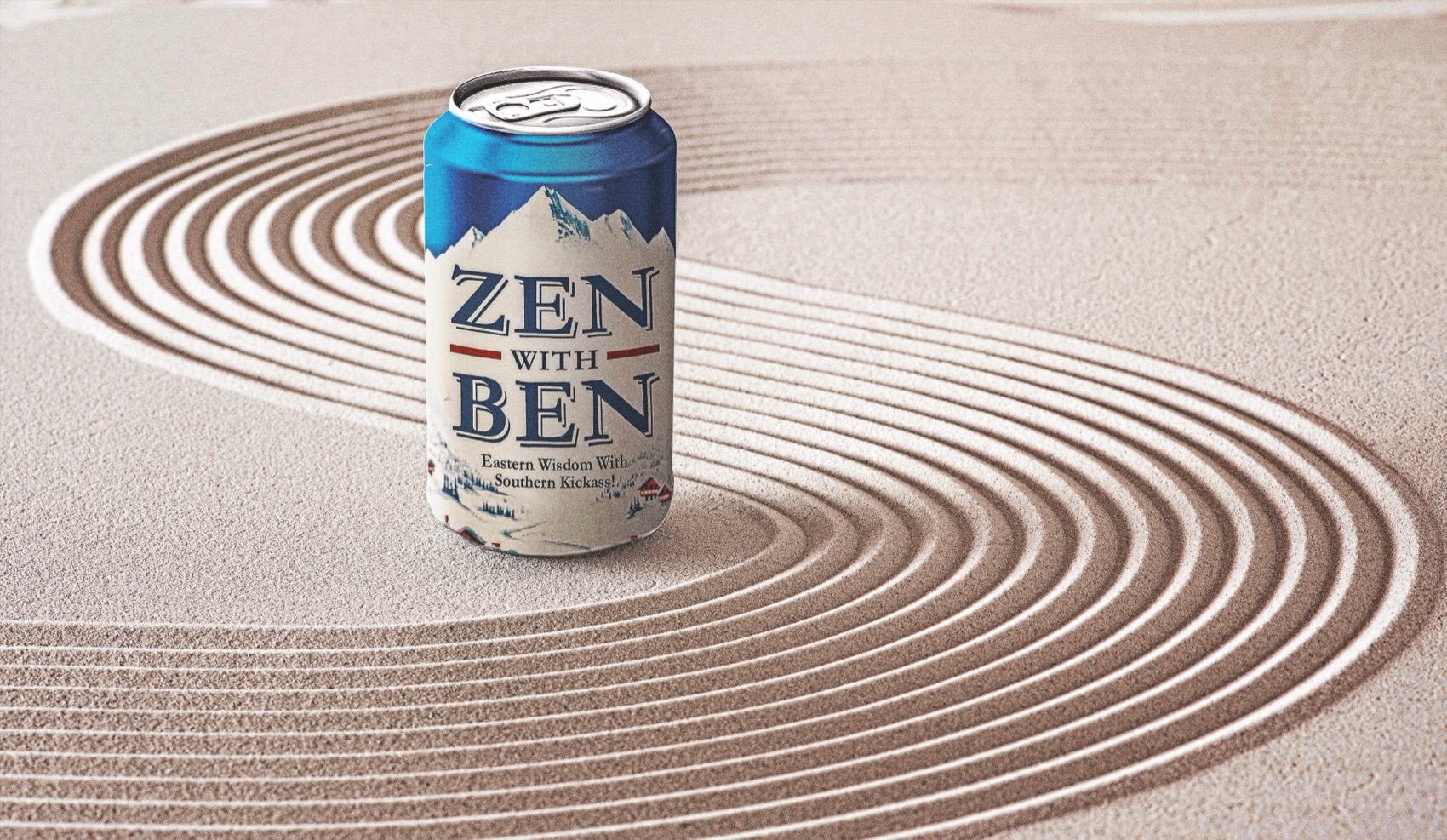 Zen with Ben beer can on raked sand
