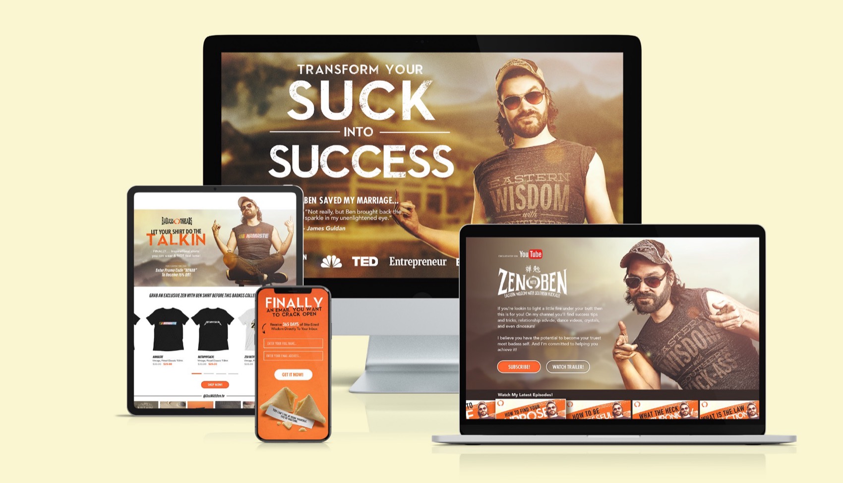 Zen with Ben website on a desktop, tablet, phone and laptop, with the headline Transform Your Suck Into Success