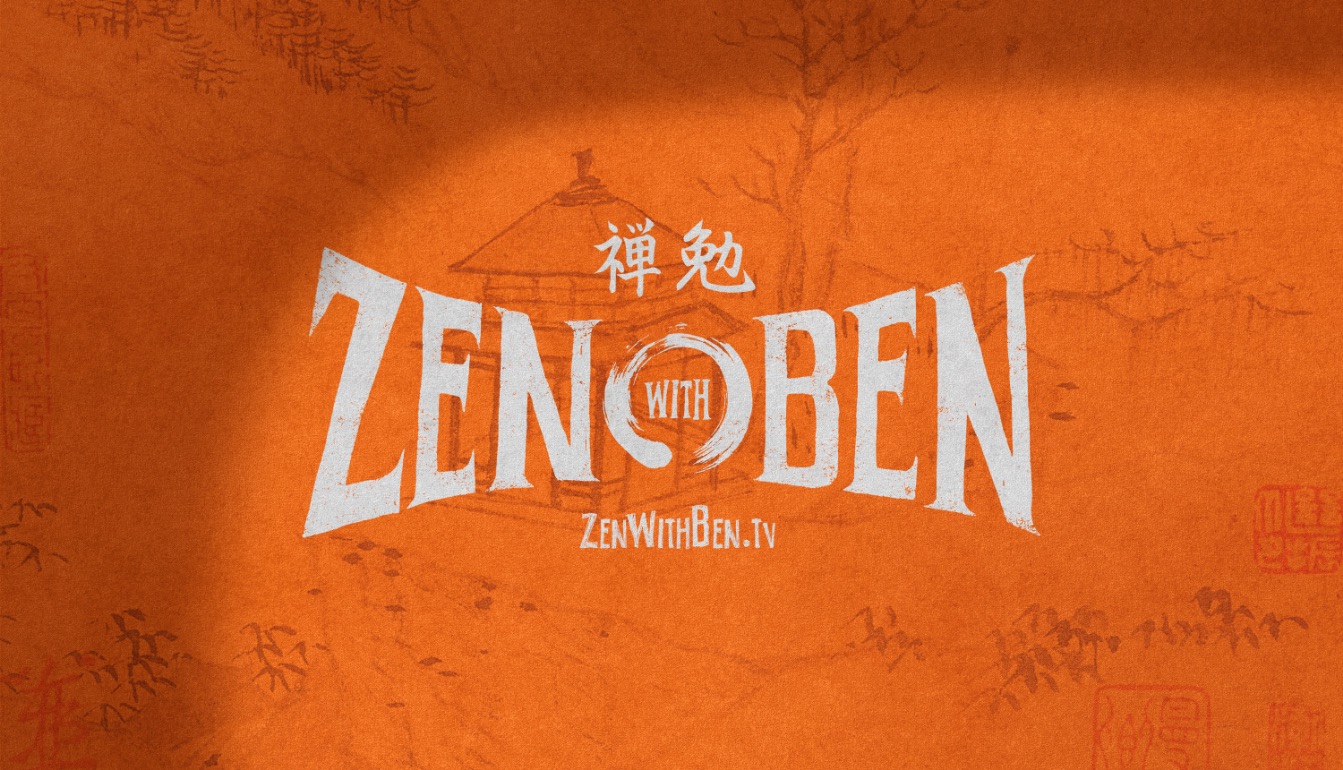 Zen with Ben logo with an ensō brush circle and Japanese characters on burnt orange