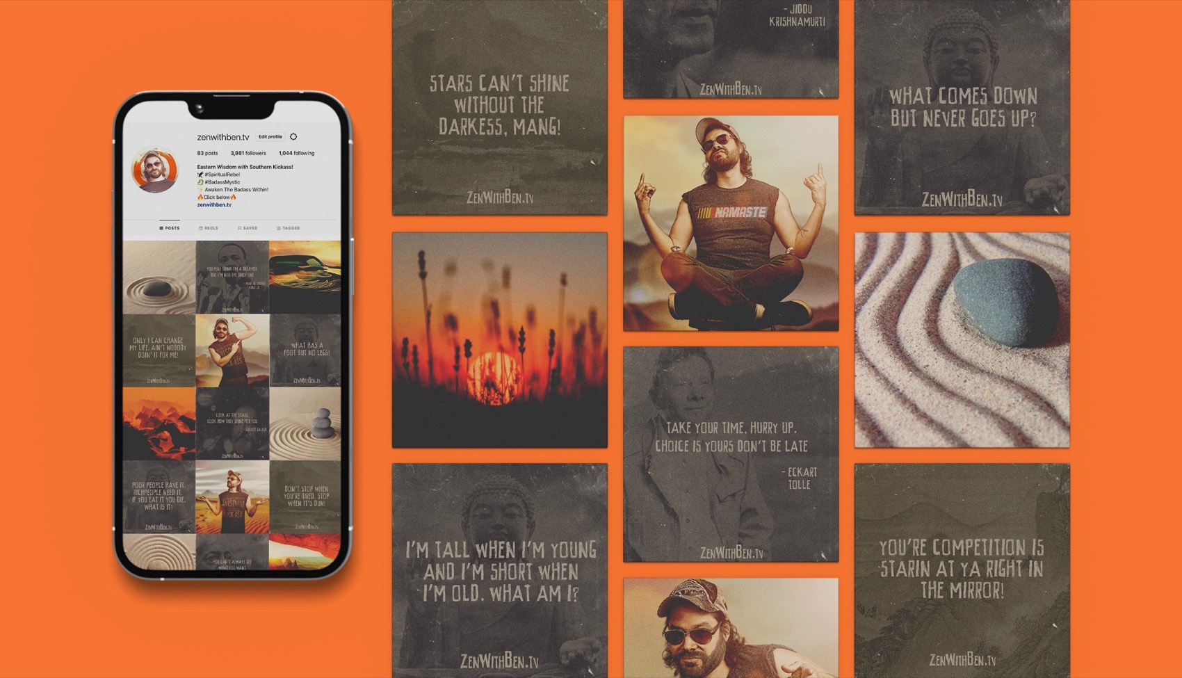 Zen with Ben Instagram profile beside a grid of quote cards and photos