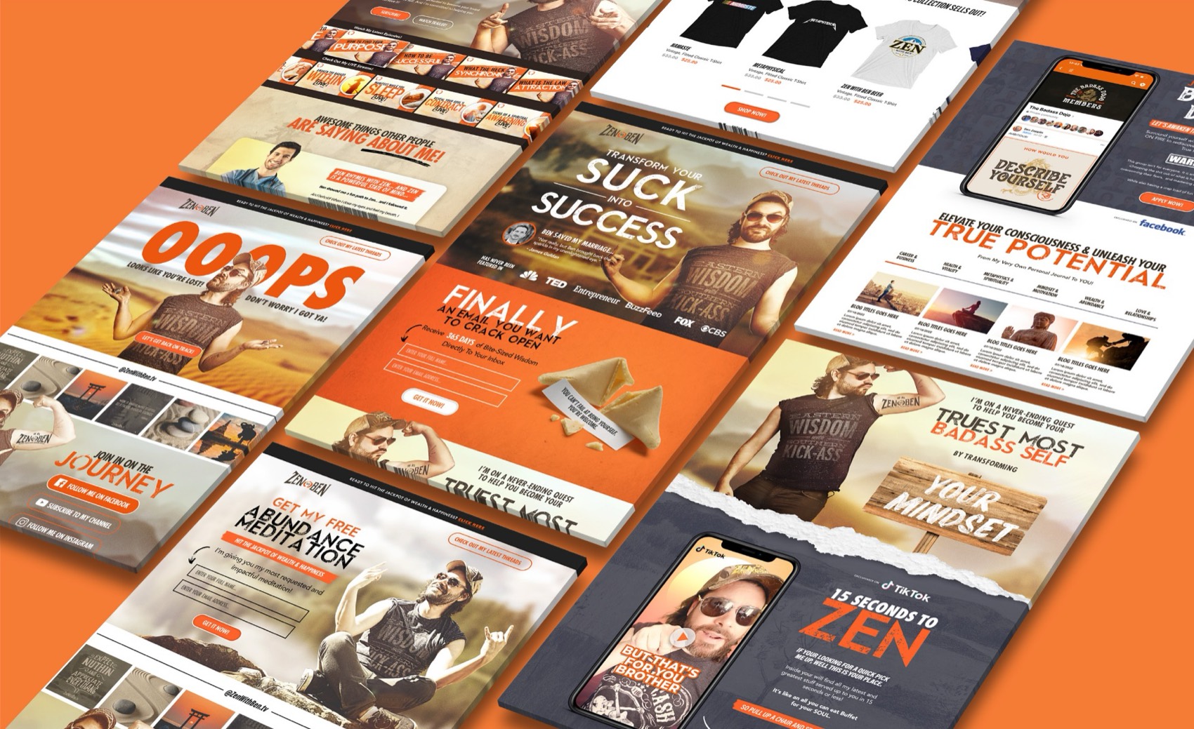 Zen with Ben website pages for the show, shop, community and email list
